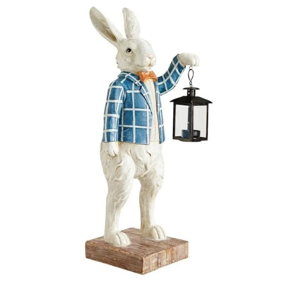 NWT White Bunny Rabbit w Blue Jacket & Lantern Decor